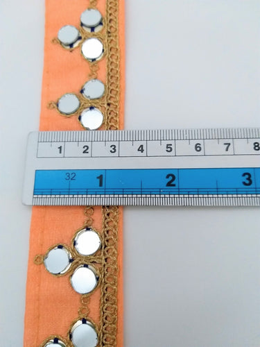 Peach Silk Trim With Mirrors Embellishments and Gold Embroidery, Approx. 34mm Wide, Decorative Trim Costume Trim Fashion Trim By Yard